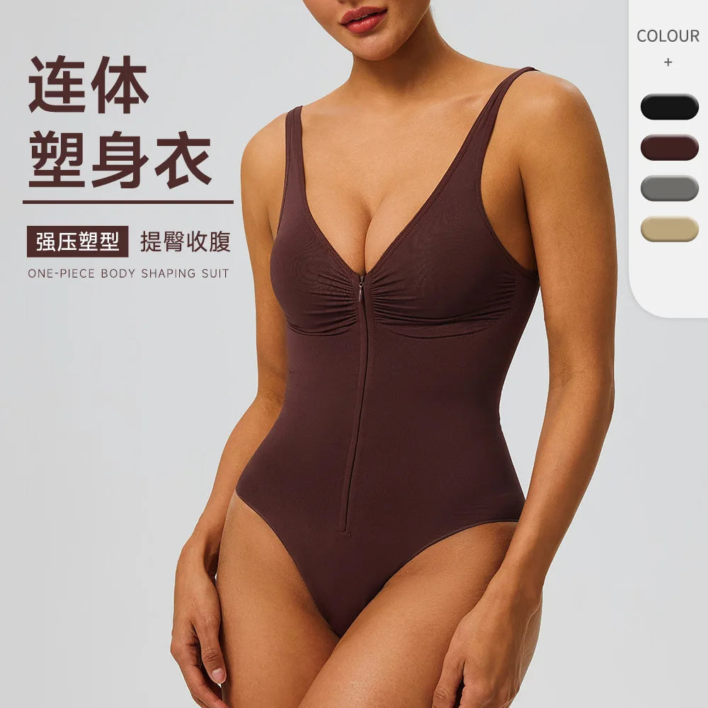 Seamless Bodysuit with Strong Compression Molding Abdominal Compression Underwear Straps Zipper One-Piece Shapewear Yoga Sets