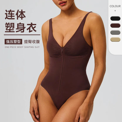 Seamless Bodysuit with Strong Compression Molding Abdominal Compression Underwear Straps Zipper One-Piece Shapewear Yoga Sets
