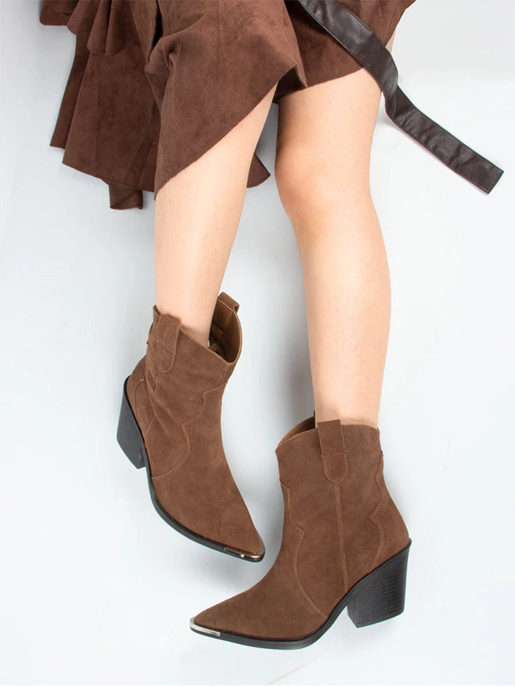 GMQM 2025 Women's Comfort Ankle Booties Brown Cowboy Western Boots Metal Heels Block Wide Calf Pointed Toe Slip On Casual Shoes