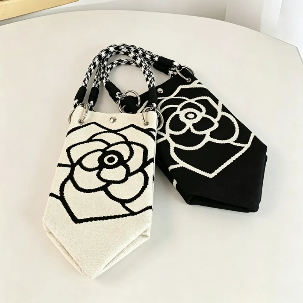 1Pc Women Mini Canvas Handbag with Black Camellia Pattern, Checkered Woven Handle Small Bucket Tote Bag, Fashion Lightweight Portable Top Handle Purse for Daily Shopping Coffee Date Travel