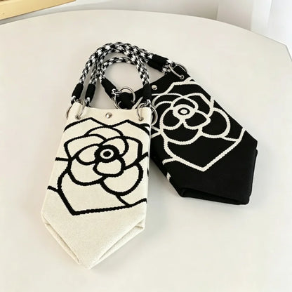 1Pc Women Mini Canvas Handbag with Black Camellia Pattern, Checkered Woven Handle Small Bucket Tote Bag, Fashion Lightweight Portable Top Handle Purse for Daily Shopping Coffee Date Travel