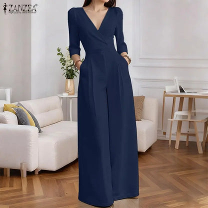 ZANZEA OL Work Party Women Jumpsuits Solid Color Summer 3/4 Sleeve Sevy V Neck Rompers Solid Playsuits Wide Leg Pants Streetwear