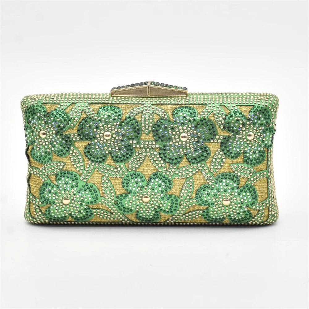 New Arrival Green Color Nigerian Shoes and Matching Bags Set Italian Ladies Shoes and Bags To Match Set Decorated with Rhinstone