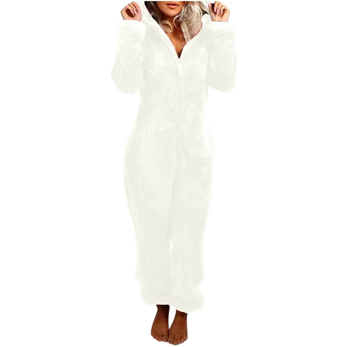 Casual Cute Women's Thick Warm Furry Jumpsuit One-Piece Solid color Hooded Pants Set Home Wear Comfortable Jumpsuits Overall