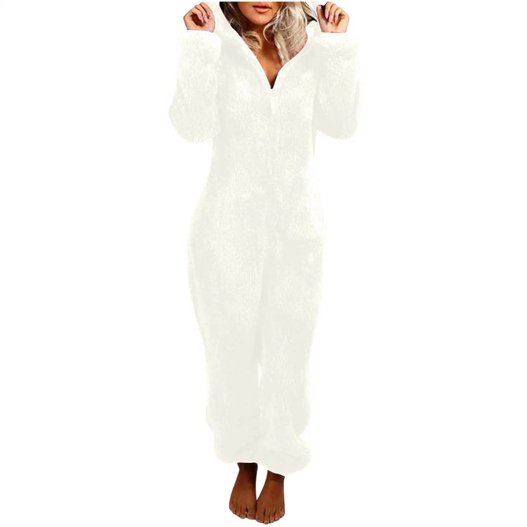 Casual Cute Women's Thick Warm Furry Jumpsuit One-Piece Solid color Hooded Pants Set Home Wear Comfortable Jumpsuits Overall