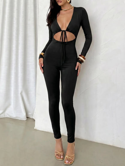 Women's solid color sexy exposed navel lace up hollow long sleeved slim fit jumpsuit