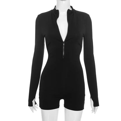 2026 Autumn Women Solid Backless Skinny Playsuits Fashion Zip-up Stand Collar Full Sleeve Ruched Peach Hip Slim Rompers Clubwear