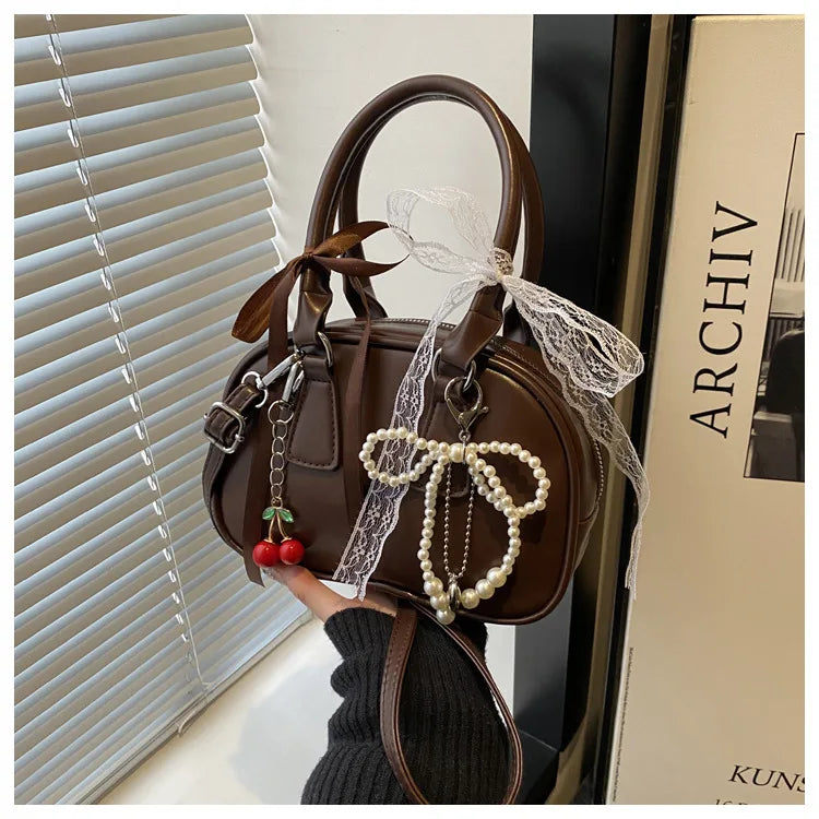 Vintage Leopard Pu Shoulder Bags for Women Portable Trendy Ladies Crossbody Bag Lace Pearl Pendant Female Bowling Handbags