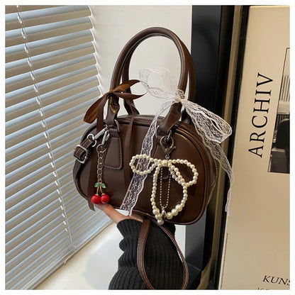 Vintage Leopard Pu Shoulder Bags for Women Portable Trendy Ladies Crossbody Bag Lace Pearl Pendant Female Bowling Handbags