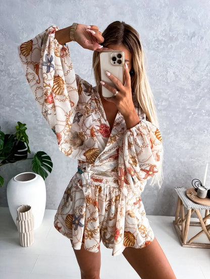 Spring Summer Boho Women Jumpsuit Fashion Deep V Neck Lantern Sleeve Casual Print Rompers Shorts Women's Elegant Jumpsuits New