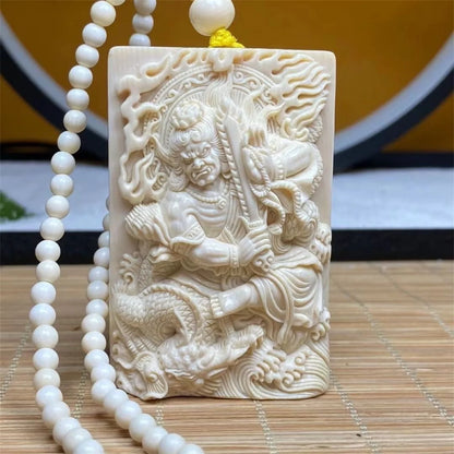 Natural Mammoth Ivory Fudo Myoo Pendant Hand Carved Buddhist Protection Amulet Wisdom King Deity Necklace Jewelry Fossilized