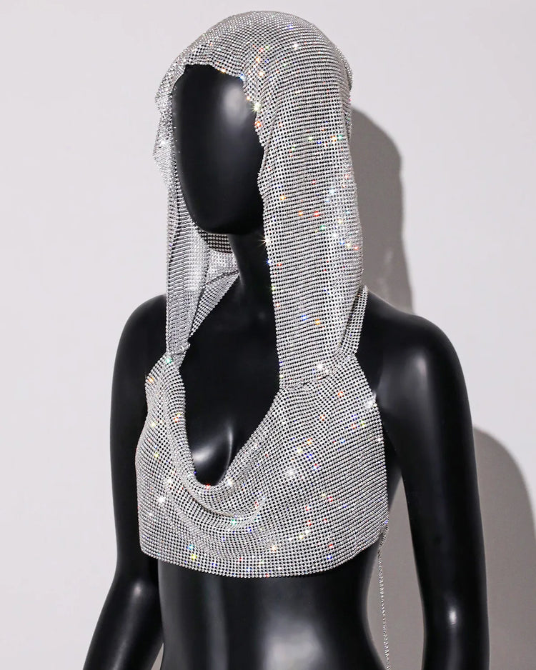 Women Sexy Mesh See Through T Shirt Shiny Rhinestone Fishnet Hollow Out Crop Top Sleeveless Beach Cover Up Party Club Tank Tops