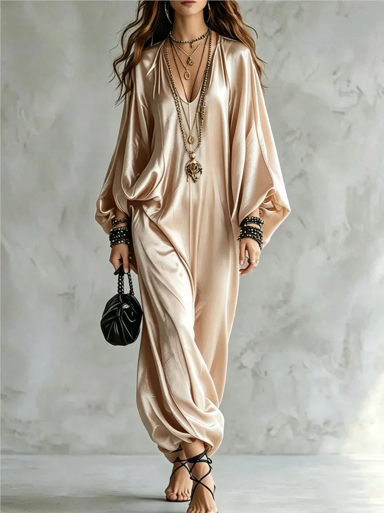 New Spring Autumn Solid V Neck Batwing Sleeve Loose Jumpsuit Women Fashion Satin Wide Leg Pants Jumpsuits Casual Holiday Rompers