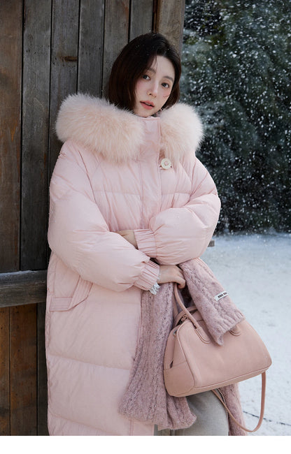 MISHOW Women's Long Down Coats 2025 Winter Fox Fur Collar 90% White Duck Down Down Jacket Warm Coat Large Pockets MXD112Y0070