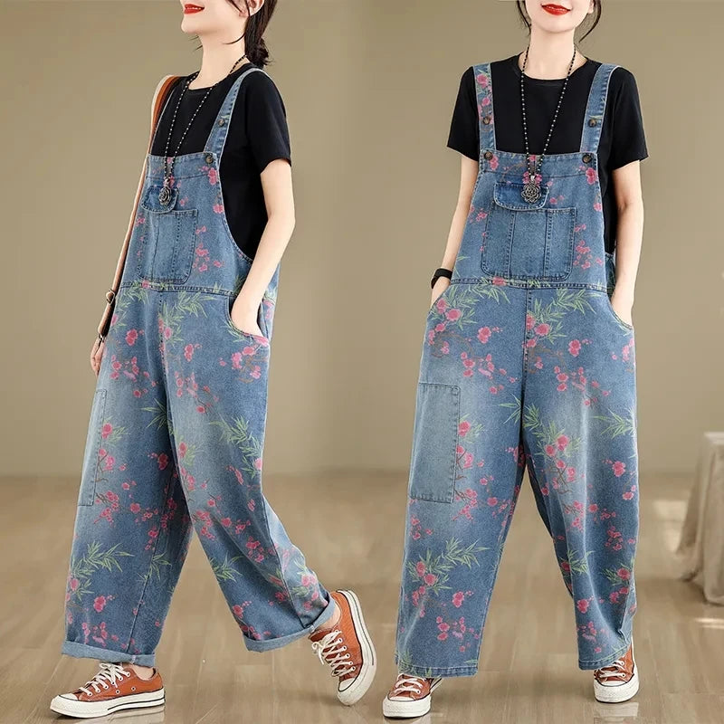 Vintage Denim Overalls Spring Summer Loose Jumpsuits Oversized Artistic Casual age Reducing Printed Casual Harem Pants Female