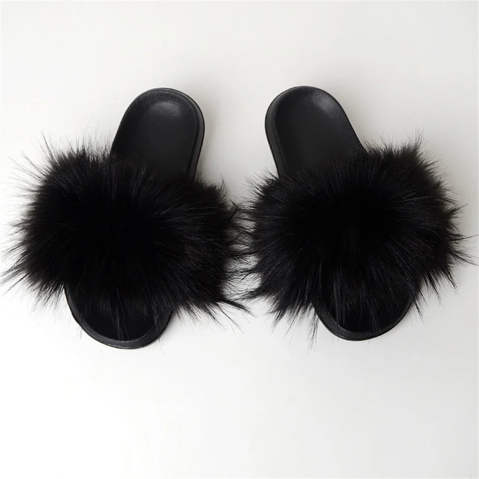 Women's Summer Faux Fur Fox Fur Slippers Fashion Luxury Indoor and Outdoor Non-Slip Solid Color Flat Bottom Furry Sandals