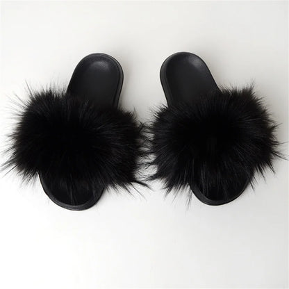 Women's Summer Faux Fur Fox Fur Slippers Fashion Luxury Indoor and Outdoor Non-Slip Solid Color Flat Bottom Furry Sandals