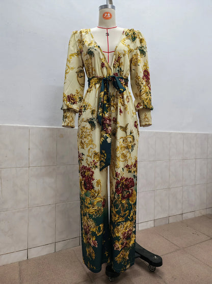 Women's Vintage Print Jumpsuits Fashion Sexy V-neck High Waist Leace-up Wide Legs Jumpsuit Lady Commuting Clothing 2026 New
