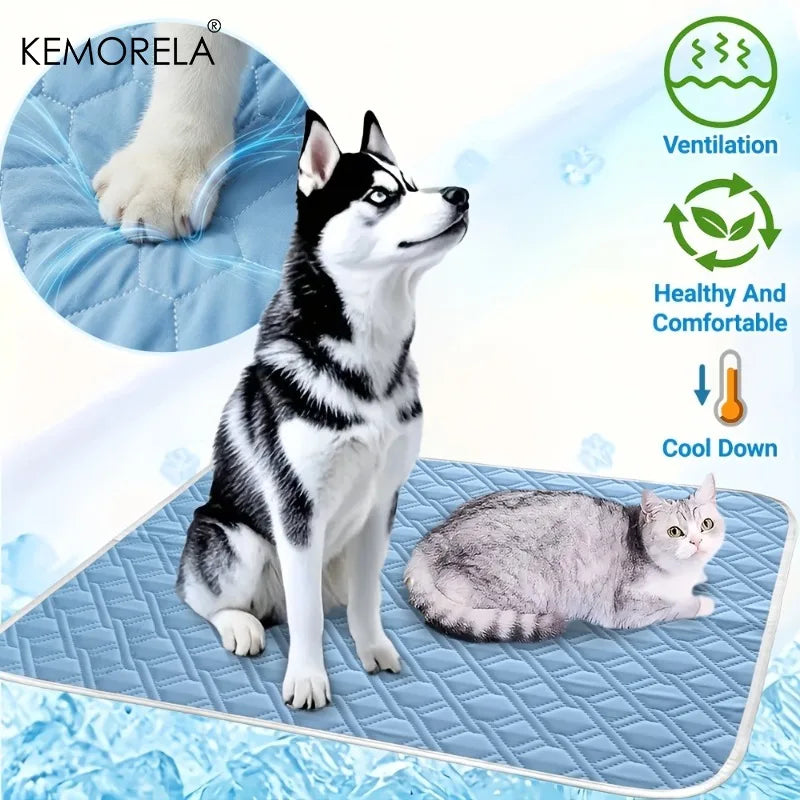 KEMORELA 1pc Summer Dog Cooling Mat Glacier Blue - Ice Silk Fiber Mat, Breathable Skin-Friendly Cooling for Puppies & Adult Dogs