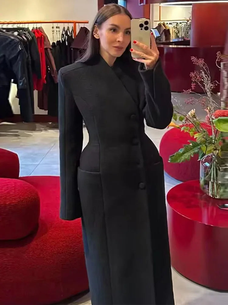 HH Woman Winter Fashion Single-breasted Long Sleeves Waist Long Coat Female Stand-up Collar Pockets Warm Solid Woolen Coat