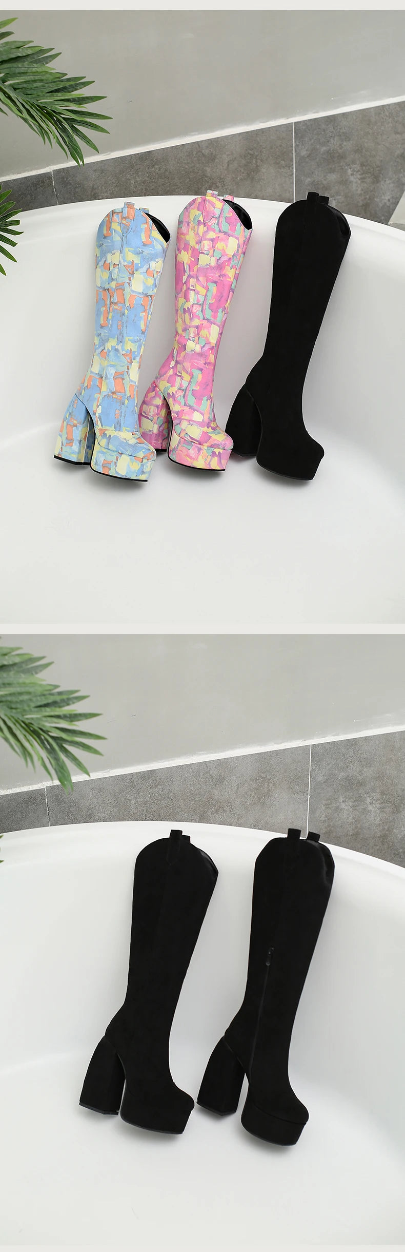 Super Waterproof Platform Strange Chunky Heel Graffiti Women's Boots Plush Inner Zipper Flock Material Knee Boots Plus Size