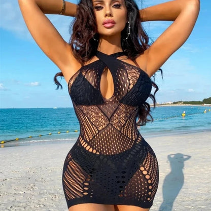 One-piece Fishing Net Bodycon Dress Sleeveless Women's Mesh Skirt Sexy Hollow Out See Through Nightwear Night Club Erotic Wear