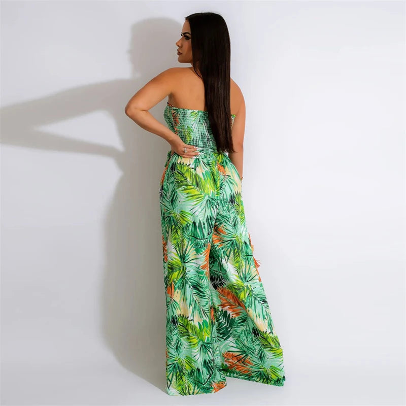 Elegant Print Jumpsuits for Woman Romper Sleeveless Backless Strapless High Waist Loose Straight Wide Leg Jumpsuit Club Clothing