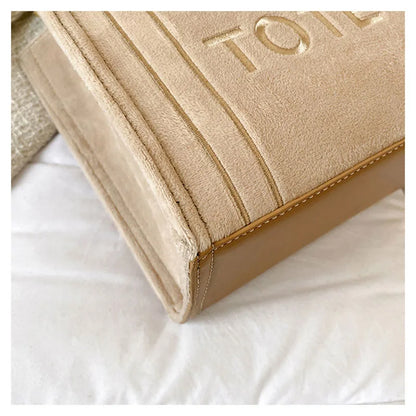 Women's Khaki Velour Tote Bag Original Letter Print Medium Ladies Shopper Handbag Female Square Medium Shoulder Bags