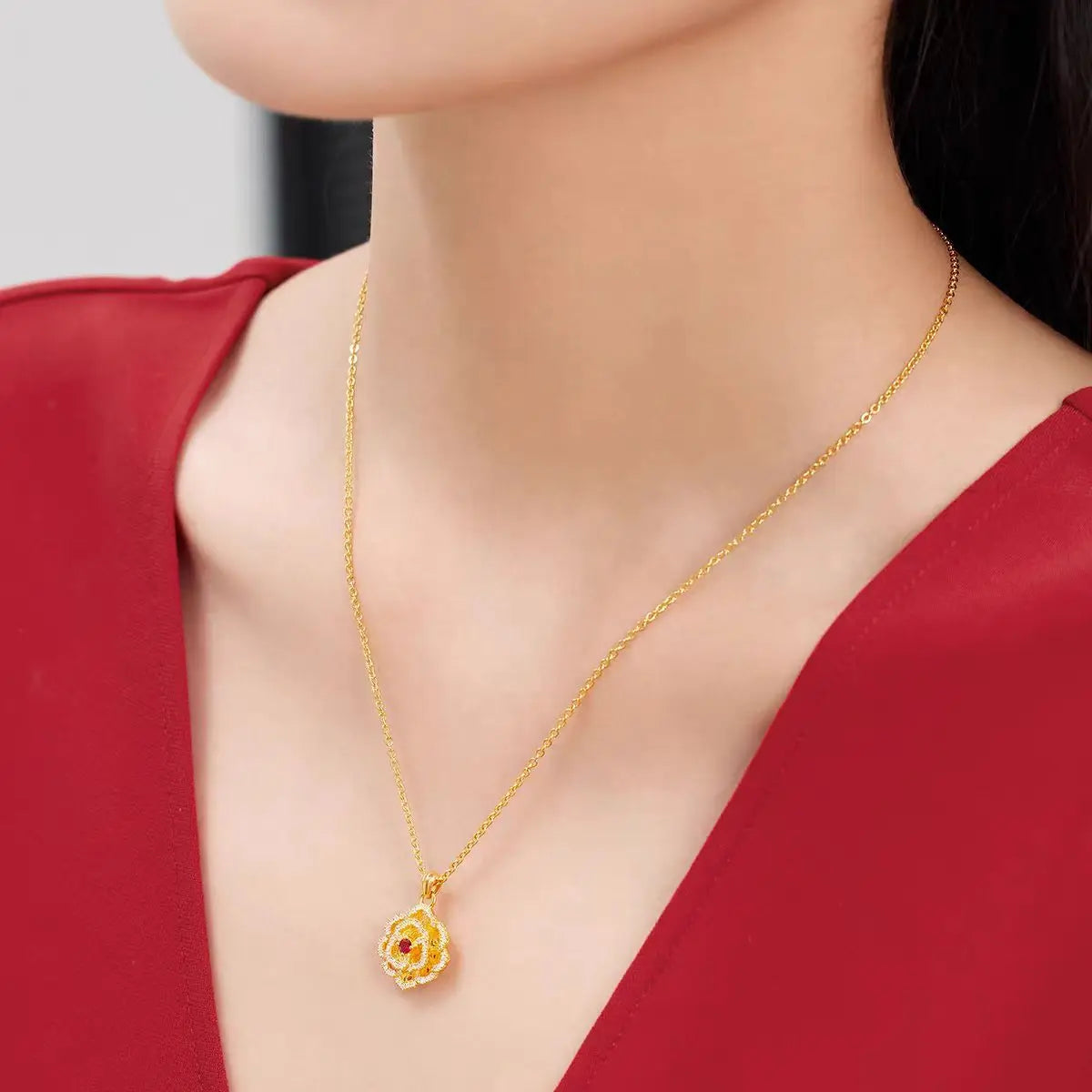 Real Kt18 Gold Color Diamond Peony Pendant Necklace for Women Lover Valentine's Day Birthday Chain Earring Jewelry Sets Gifts