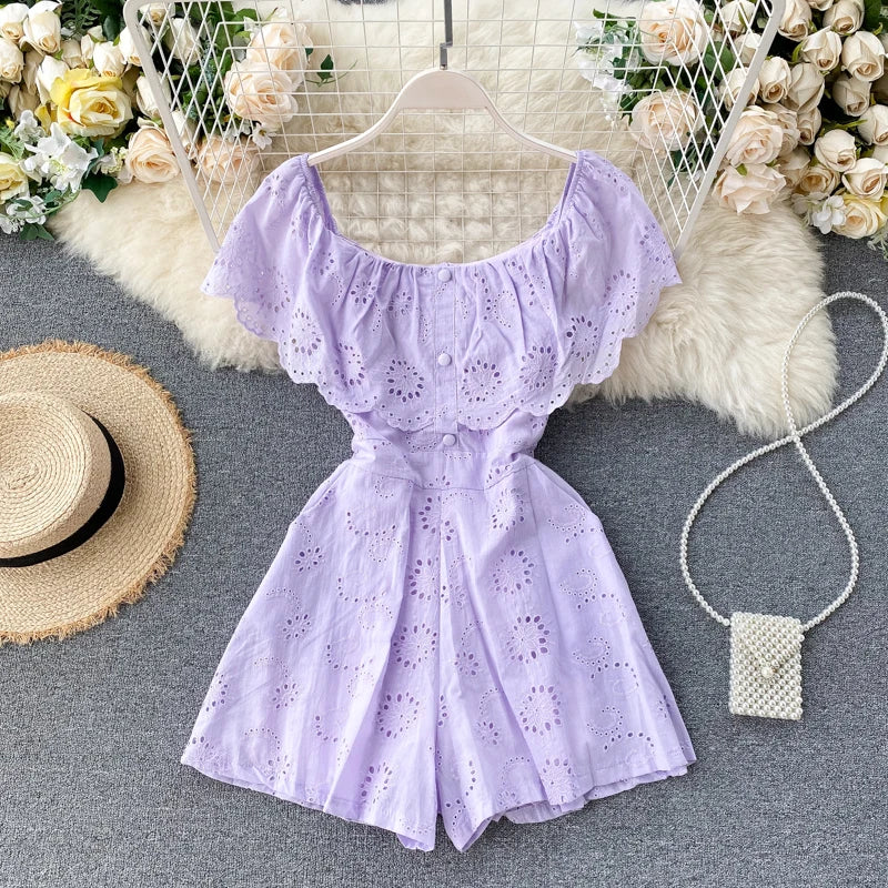 Sexy Slash Neck Women Jumpsuits 2026 New Sweet Ruffles Hollow Solid Rompers Summer Fashion Wide Leg Short Rompers
