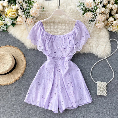 Sexy Slash Neck Women Jumpsuits 2026 New Sweet Ruffles Hollow Solid Rompers Summer Fashion Wide Leg Short Rompers