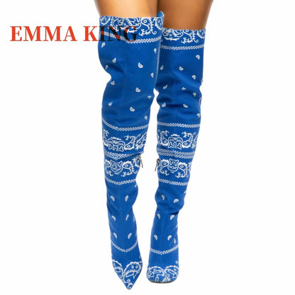 Autumn Winter Women Thigh High Boots Bandana Prints Bad Girl Heels Shoes Pointy Toe Silk Stiletto Botas Altas Mujer Size 35-44