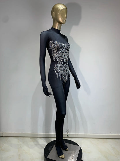 STOCK Sparkling Rhinestone Stretch Jumpsuit Women Sexy Club Evening Party Wear Drag Queen Singer Dancer Stage Perform Costume
