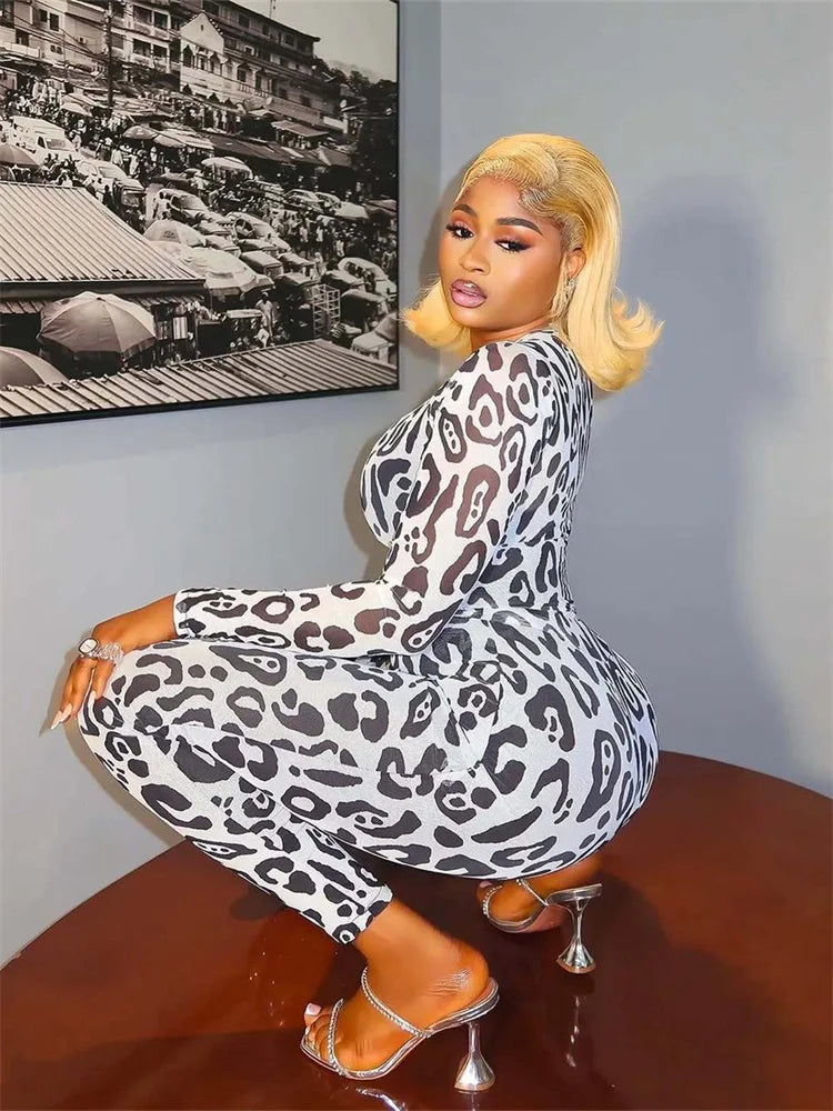 Weird Puss See Through Leopard 2-Piece Set Women o-Neck t-Shirt+Tight Trousers Matching Fashion Sexy Hottie Stretch Slim Outfits