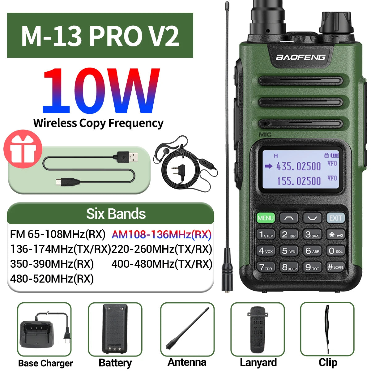 Baofeng M-13 Pro V2 Air Band Walkie Talkie Long Range Wireless Copy Frequency Multi Band NOAA Type-C AM Two Way Radio