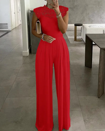 Jumpsuits Women Lace One Piece Wide Leg Pants Folds Round Collar Sleeveless Office Lady Summer 2025 Floor Length Trousers