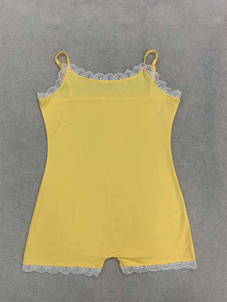 Summer Yellow Lace Trim Spaghetti Strap Slim Bodysuit Daily Casual Vacation Cute Sweet Y2K Comfy New Trendy Women's Romper