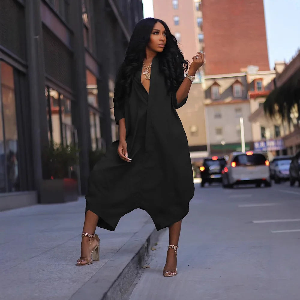Women Plus Size Jumpsuit Business Casual Black Shirt Collar 3/4 Sleeve Pocket  Harem Pants Rompers Single Breasted Loose Outfits