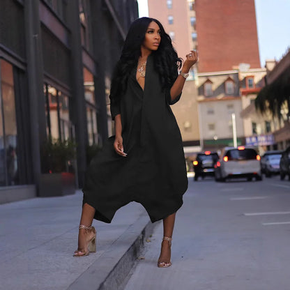 Women Plus Size Jumpsuit Business Casual Black Shirt Collar 3/4 Sleeve Pocket  Harem Pants Rompers Single Breasted Loose Outfits