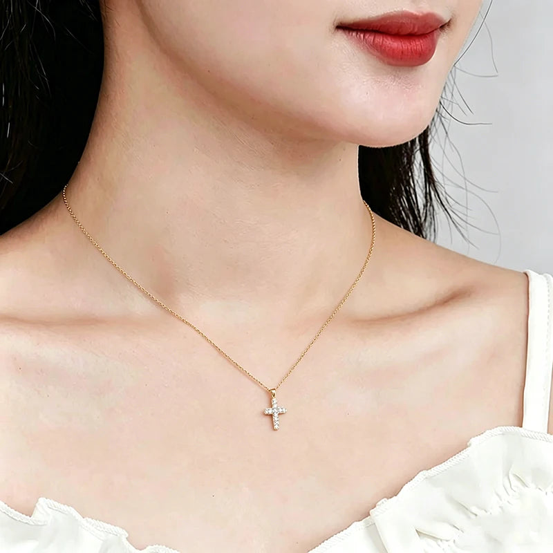 OXTAO 3mm D Moissanite Cross Pendant Necklace for Women Anniversary Gift Fine Jewelry 14K Gold Filled Charm Statement Necklace