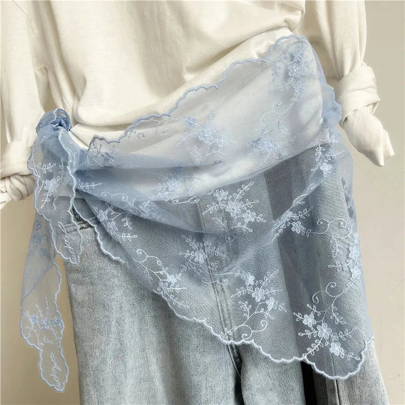Lace Embroidered Silk Scarf Women's Long Neck Versatile Triangle Decorative Headscarf Korean Version Literary Yarn Shawl