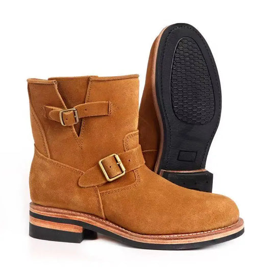 distressed Handmade Khaki Suede Work Boots Men's And Women's Engineer ort Boots American Retro Motorcycle Faded Mid-Calf shoes