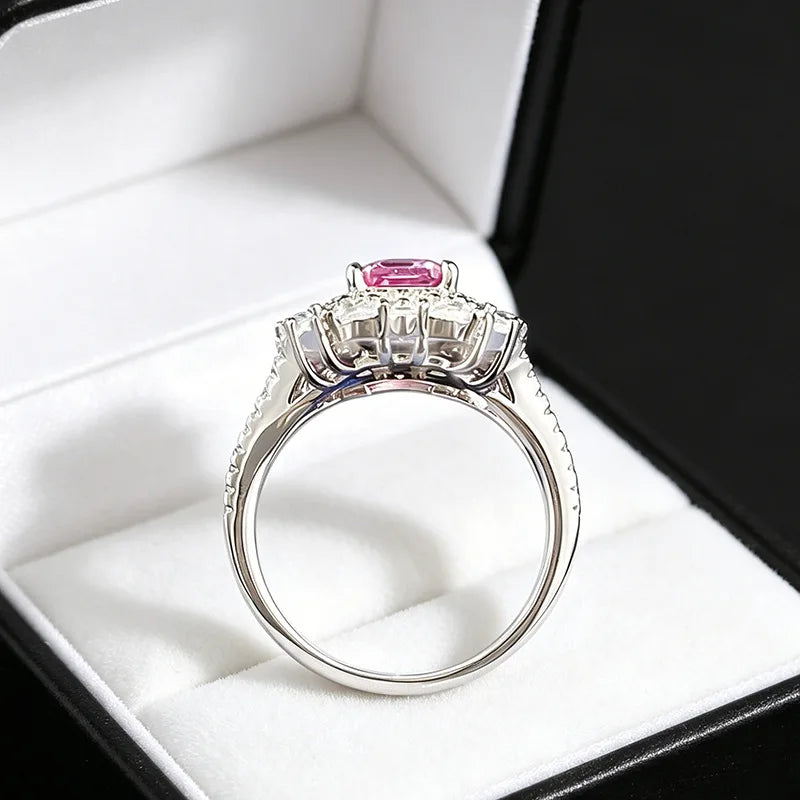 Luxury 18K white Solid Platinum PT950 certifid rectangular 6*8mm pink sapphire culture ring with multi-shaped diamond surround