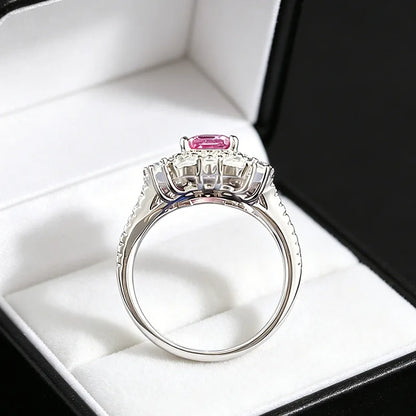 Luxury 18K white Solid Platinum PT950 certifid rectangular 6*8mm pink sapphire culture ring with multi-shaped diamond surround