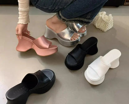 Summer Women's Slippers Fashion Platform Sandals Luxury Leather Casual Slippers High-heele Slippers for Women Open Toe Sandalias