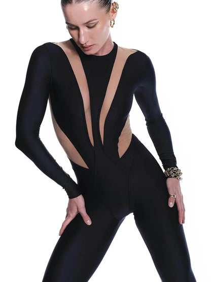 Huhugirl Sexy Mesh Patchwork Rompers Women Jumpsuits Fashion O Neck Long Sleeve Skinny Black Jumpsuits Female One Piece Overalls
