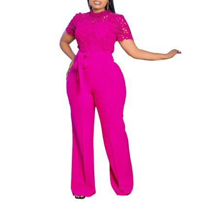 Solid Women Jumpsuits For Summer Autumn Short Sleeve Bandage Loose Fashion Streetwear Overalls Wide Leg Pants Trousers 2024