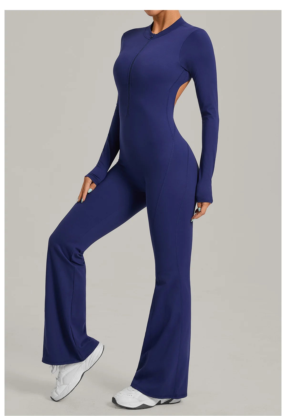 Women Long Sleeve Zip Yoga Bodysuit Cutout Back Scrunch Butt Lift Tummy Control Sweat Wicking Fabric Gym Workout Flare Jumpsuit