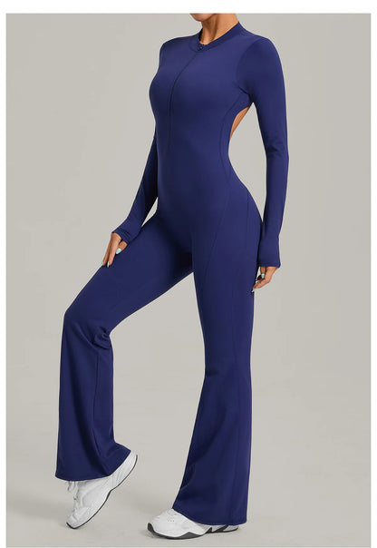 Women Long Sleeve Zip Yoga Bodysuit Cutout Back Scrunch Butt Lift Tummy Control Sweat Wicking Fabric Gym Workout Flare Jumpsuit