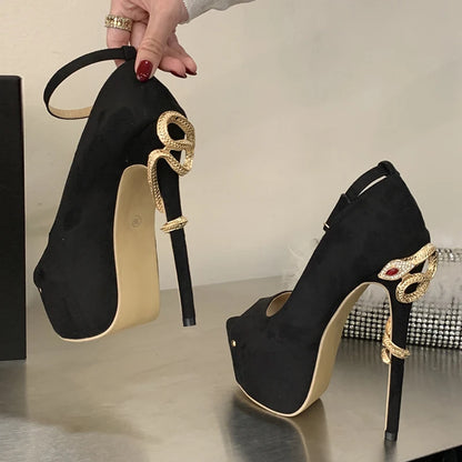 Liyke Sexy Metal Snake Shape Thin Heeled Sandals Women Peep Toe Buckle Strap Platform High Heels Party Stripper Shoes Size 35-42